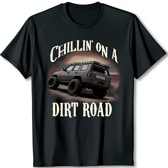 Chillin' on a Dirt Road Black T-Shirt with Green SUV Graphic & Sunset Design