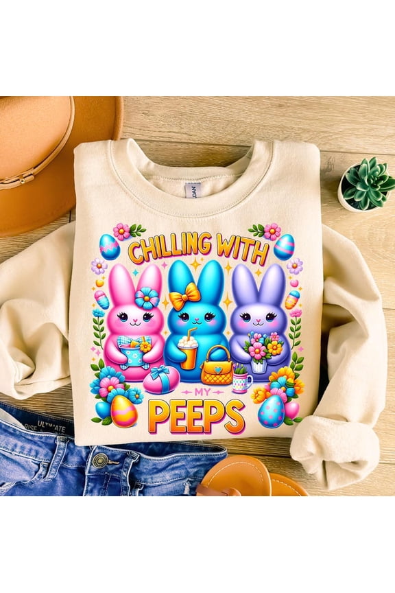 Chillin’ with My Peeps Sweatshirt, Funny Easter Bunny Shirt, Pastel Peeps Crewneck, Cute Easter Gift for Women and Teens