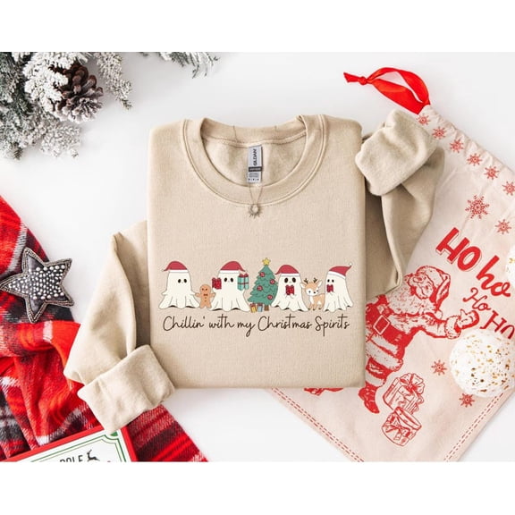 Chillin with my Christmas Spirits Sweatshirt, Funny Christmas Ghosts Sweatshirt, Funny Tee, Christmas Vibes Sweatshirt
