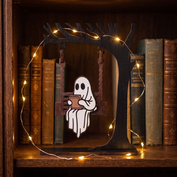Chilling Ghost on Swings, Cute Ghost Decor Library Sign Adopt a Ghost Reading Decor, Halloween Fall Decor Book Lover Gift