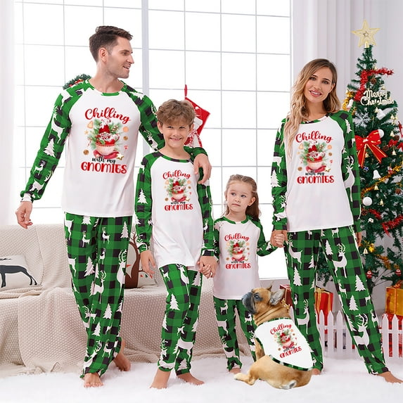 Chilling Gnome Family Christmas Pajamas with Matching Dog Outfit Long Chilling Gnome Family Christmas Pajamas with Matching Dog Outfit Long