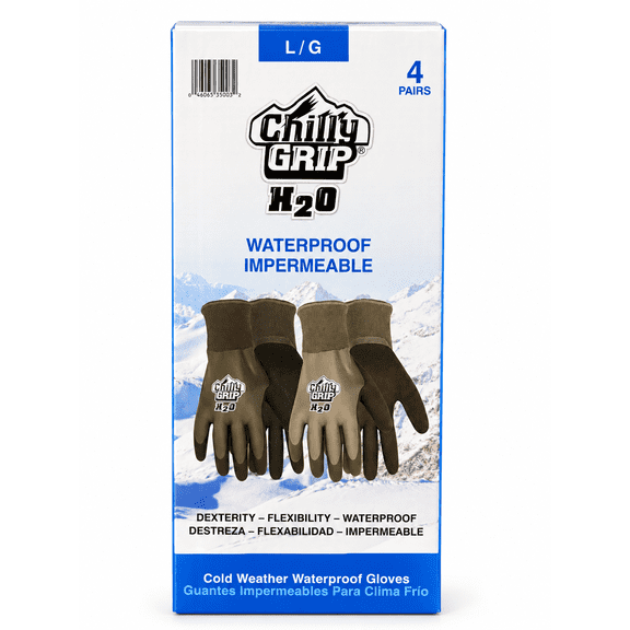 Chilly Grip H2O Waterproof Cold Weather Work Gloves, 4 Pairs, Large
