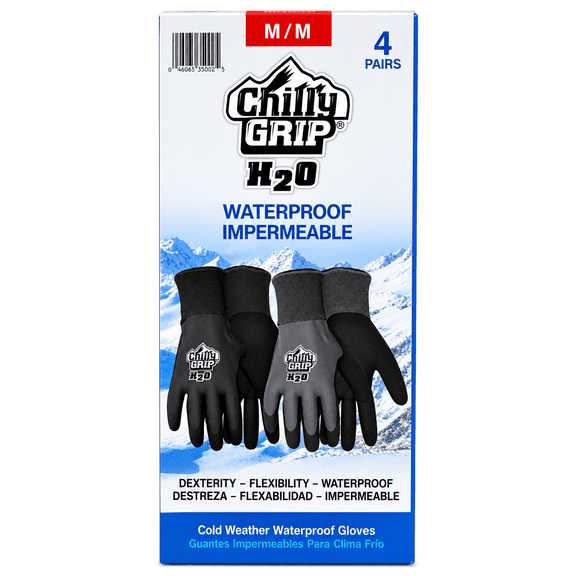 Chilly Grip H2O Waterproof Cold Weather Work Gloves, 4 Pairs, Medium
