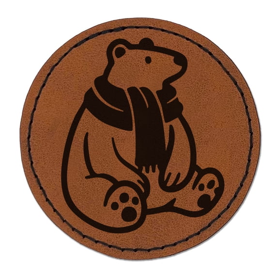 Chilly Polar Bear with Scarf Round Iron-On Engraved Faux Leather Patch Applique - 2.5 Inch - Brown