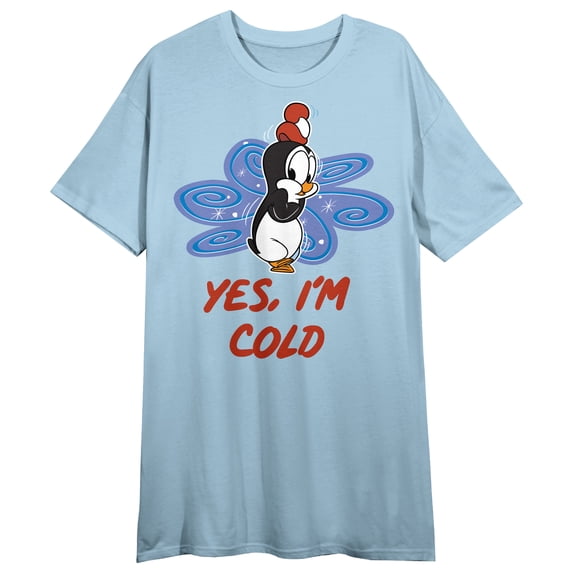 Chilly Willy Yes I'm Cold Crew Neck Short Sleeve Blue Heather Women's Night Shirt-XL