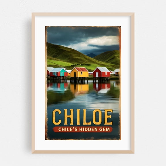 Chiloe Island Vintage Travel Poster – Chile’s Hidden Gem - Los Lagos Chile Illustration Travel Poster Landscape Scenic Architecture Rural Vintage Poster Oak Framed Wall Art Print 5 x 7 inches