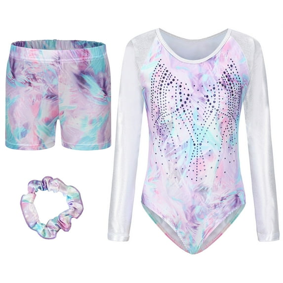 Chilren Kids Girls Tumbling Wear Long Sleeve Gymnastics Leotards Sets with Matching Shorts Bottoms Hair Scrunchie Glitter Athletic Dance Set