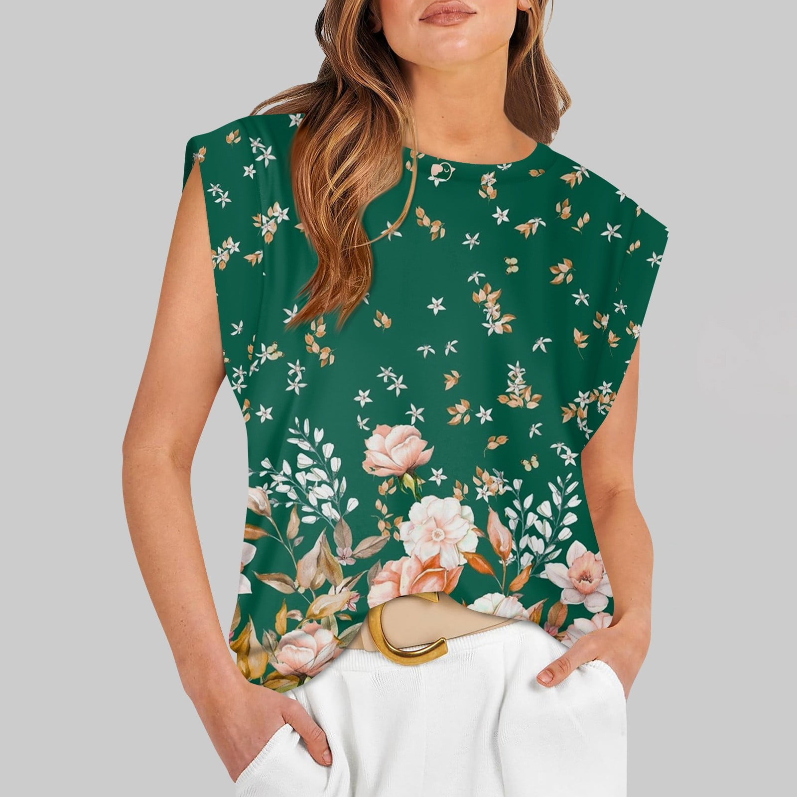 Chimao Cap Sleeve Tank Tops Women's Sleeveless Summer Round Neck Print