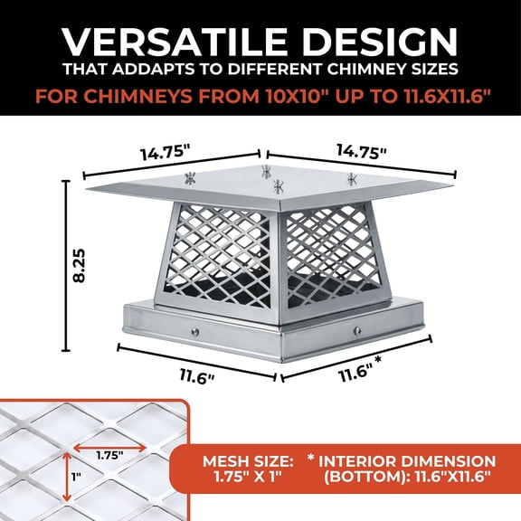 Chimco 11"x11" Single Flue Bolt-On Chimney Cap with Easy & Fast Assembly Design – Durable Rust-Free Stainless Steel Chimney Cover for Outdoor Protection (Fits 10x10, 11x11 & 11.6x11.6 Flues)