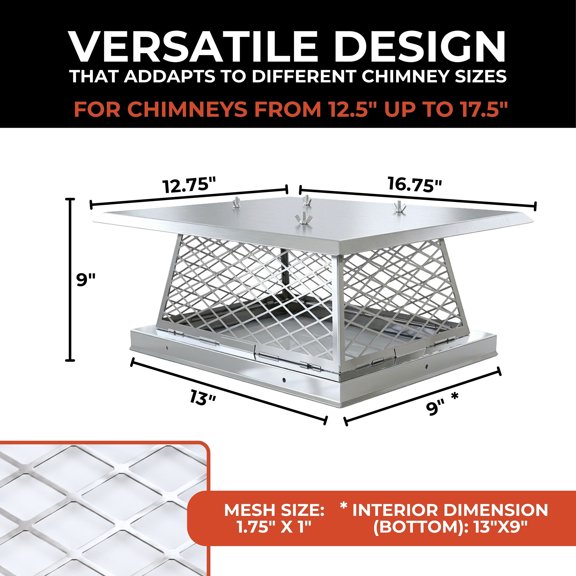 Chimco 9"x9" Single Flue Bolt-On Chimney Cap with Easy & Fast Assembly Design – Durable Rust-Free Stainless Steel Chimney Cover for Outdoor Protection (Fits 8X8, 8X9, & 9X9 Flues)