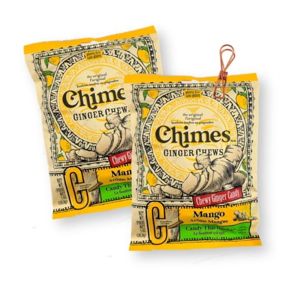 Chimes Ginger Chews Mango Flavor Real Ginger 5 Oz.X 2 Bags with Bonus Gift Retro Metallic Wire Bag Clip (3-Pc Set)