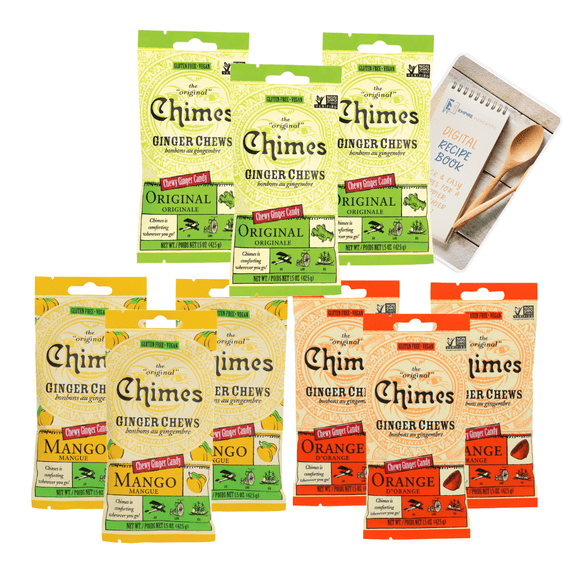Chimes Ginger Chews Variety Pack of 9 Bundle with Empire Mercante Digital Recipe Book - 3 of each flavor (Original, Mango, Orange) 13.5 oz total Low Calorie Vegan Gluten free Organic