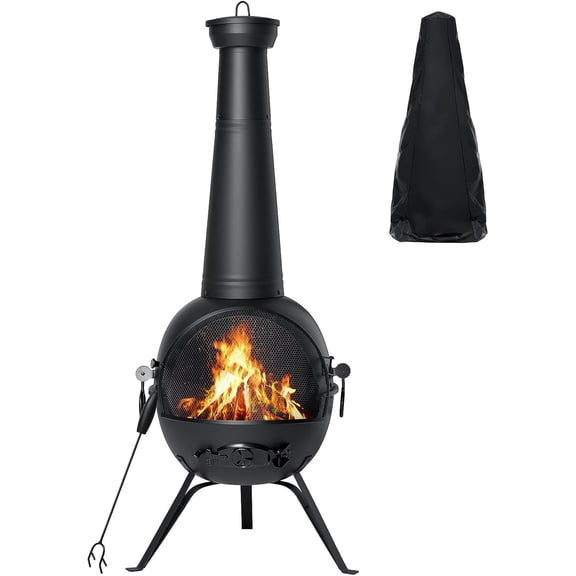 Chiminea Fireplace Outdoor Prairie Fire Deck or Patio Backyard Wooden Fire Pit with Chiminea Cover Rust-Free Iron Black
