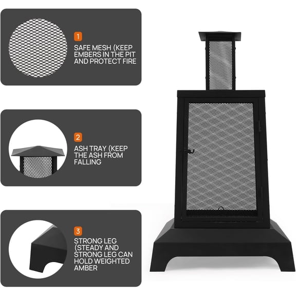 Chiminea Outdoor Fireplace, 43 Inch Wood Burning Fire Pit with Grill Grate and Spark Screen Cover, Outdoor Fire Pit for Patio, Backyard, Deck Porch and Camping, Black$$Garden & Patio