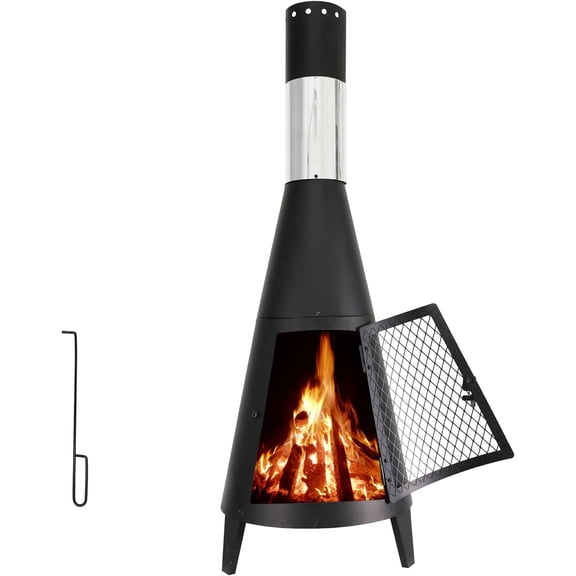 Chiminea Outdoor Fireplace Outdoor Wood Burning Fire Pit Free Standing Fireplace with Log Grate, Mesh Screen for Patio, Backyard, Garden - Black