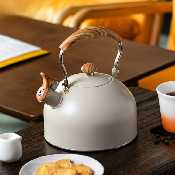 Chiming Kettle 2.5L Stainless Steel, Beige, Woodgrain Handle, Whistling Rattling Tea Kettle for Home & Outdoor, Open Flame