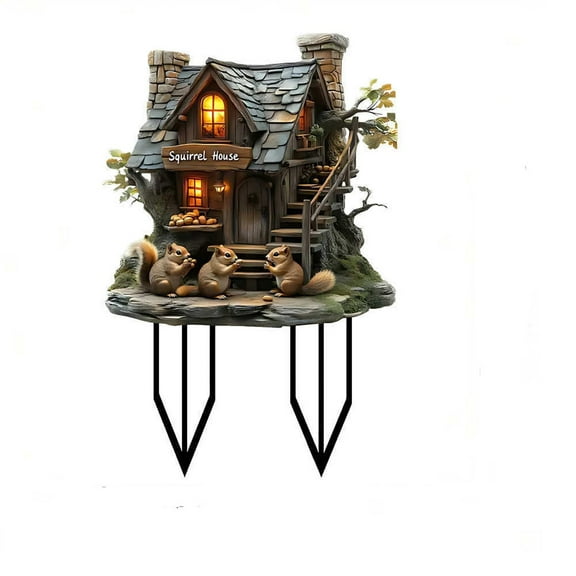 Chimney House Acrylic Garden Stake With Squirrel Design, Flat Insert Base And Durable Acrylic Material For Yard Decoration, Flower Bed Marker And Outdoor Ornament 11.8X7.8In