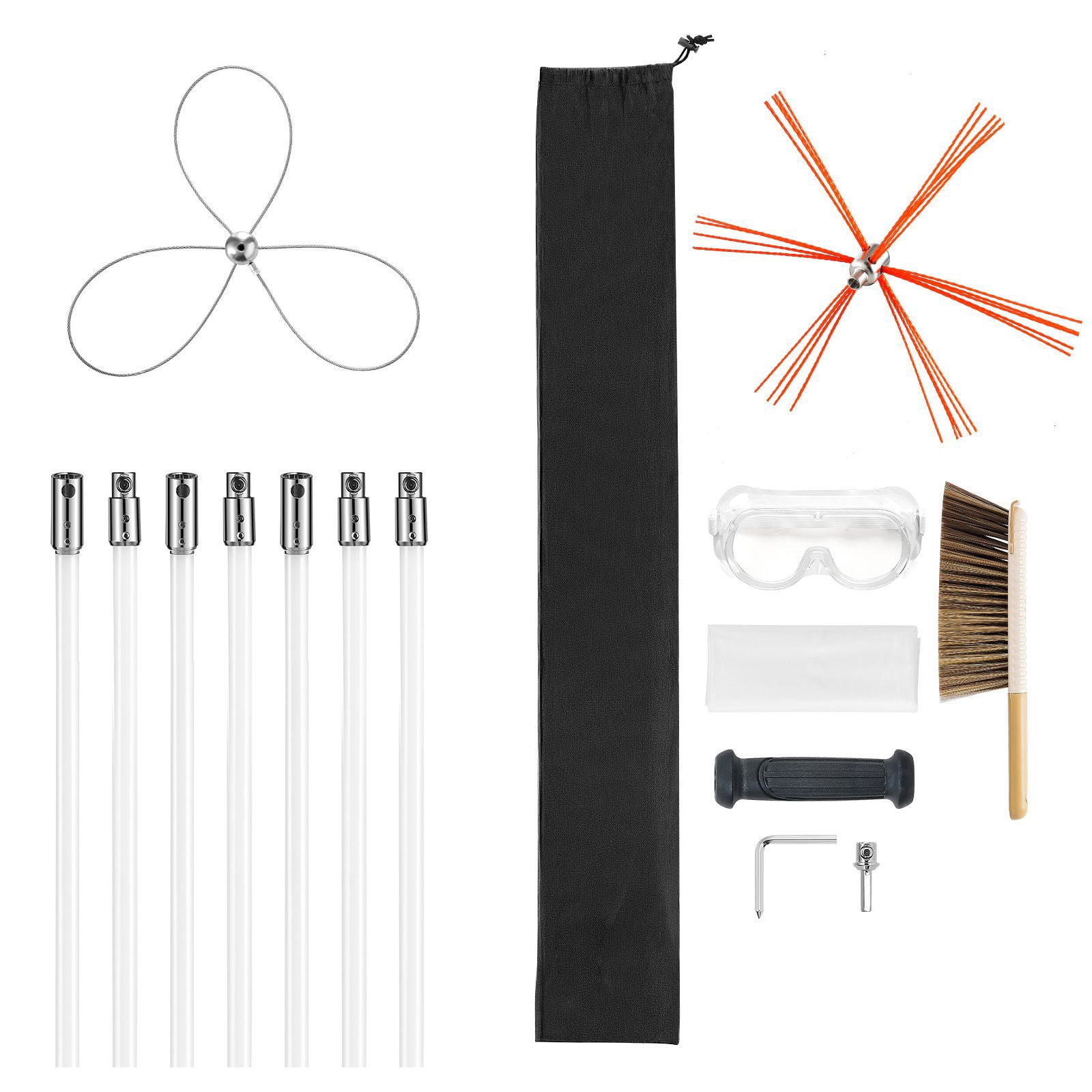Chimney Sweep Kit, 23 ft Maximum Extendable Length, Dual Brush Head Design, 90° Bendable, for Square, Rectangle & Arch Chimneys, with Brush & Goggles