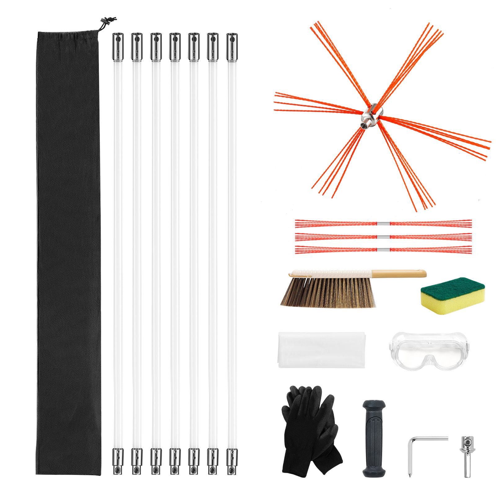 Chimney Sweep Kit, 23 ft Maximum Extendable Length, Upgraded Aluminum Alloy Brush Head, with Bristle Replacements & Goggles, for Square & Rectangle Chimneys