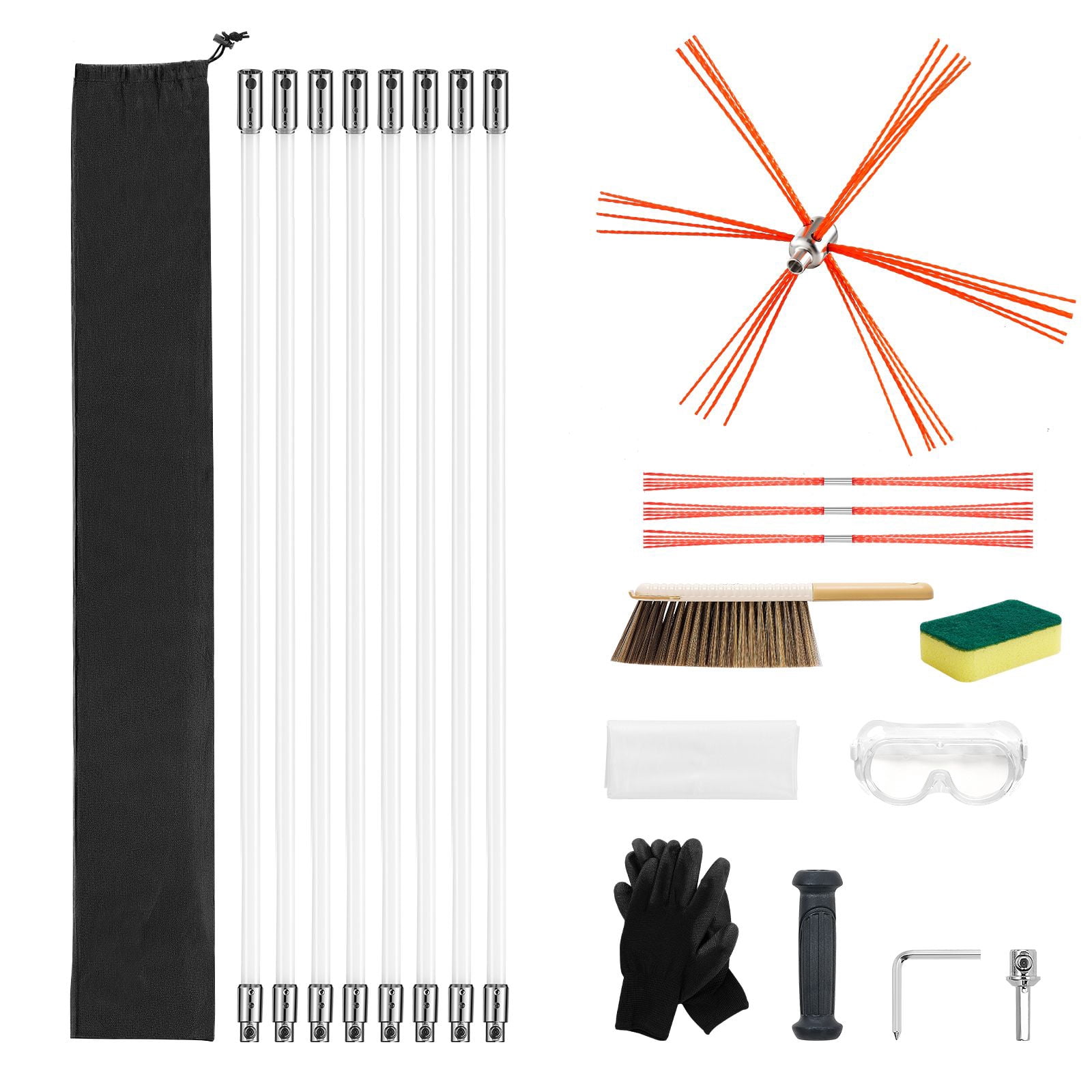 Chimney Sweep Kit, 26 ft Maximum Extendable Length Chimney Brush, 90° Bendable Fireplace Cleaning Tool, for Square & Rectangle Chimneys with Bristle Replacements & Goggles