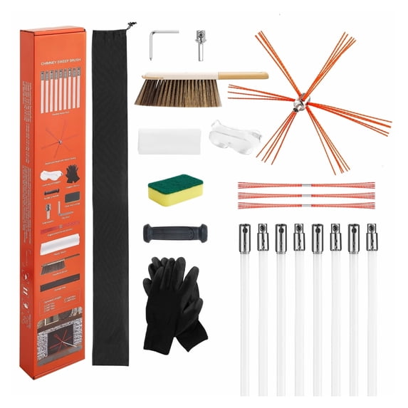 Chimney Sweep Kit 26ft Extendable Brush, Fireplace Cleaning Tool, 90° Bendable, with Goggles & Replacements for Square/Rectangle Chimneys