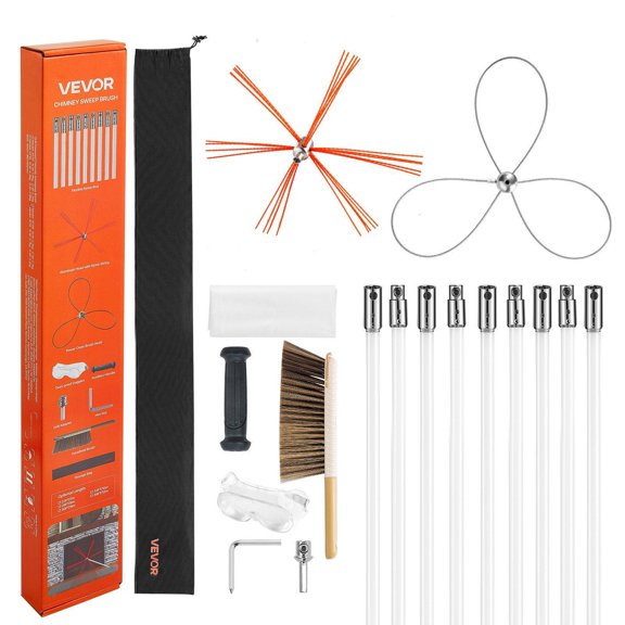 Chimney Sweep Kit 30 ft Extendable Dual Brush Heads Goggles Fireplace Cleaner for Square Rectangle Arch Chimneys