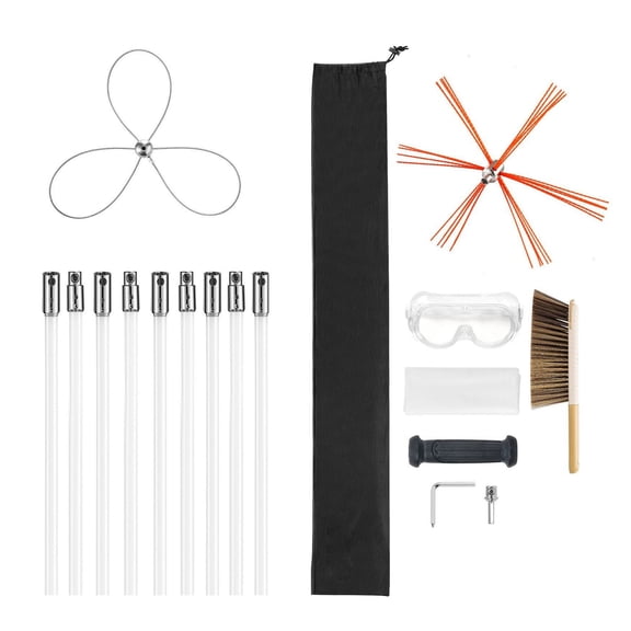 Chimney Sweep Kit 30ft Extendable Brush - Fireplace Cleaner for Square, Round, Arch Chimneys - Dual Head Brush, Goggles & Rods