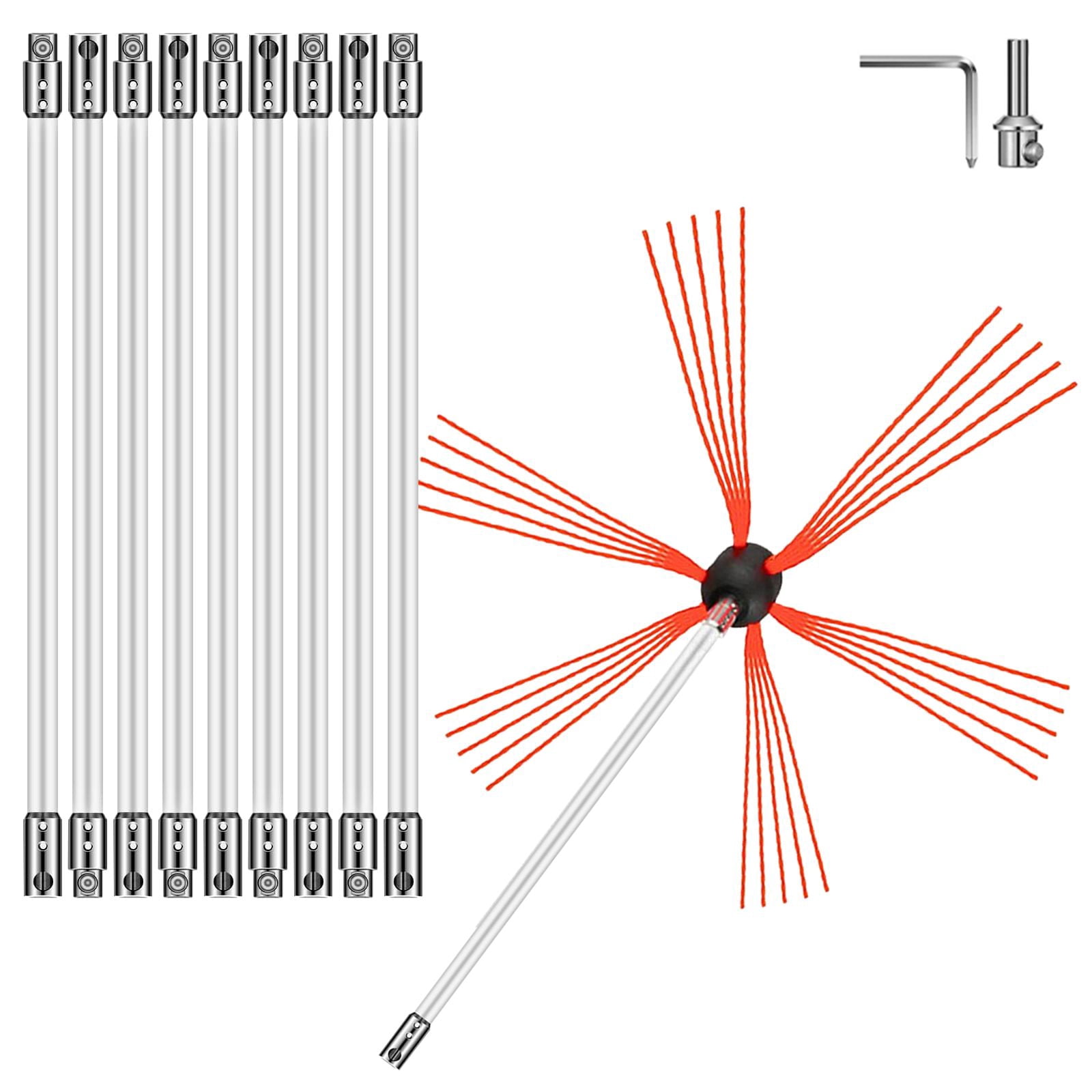 Chimney Sweep Kit, 33 ft Long, 10 Nylon Rods, Flexible Brush Head, Quick Locking System, for Metal Flues & Brick Chimneys, Square, Rectangle & Arch Shapes