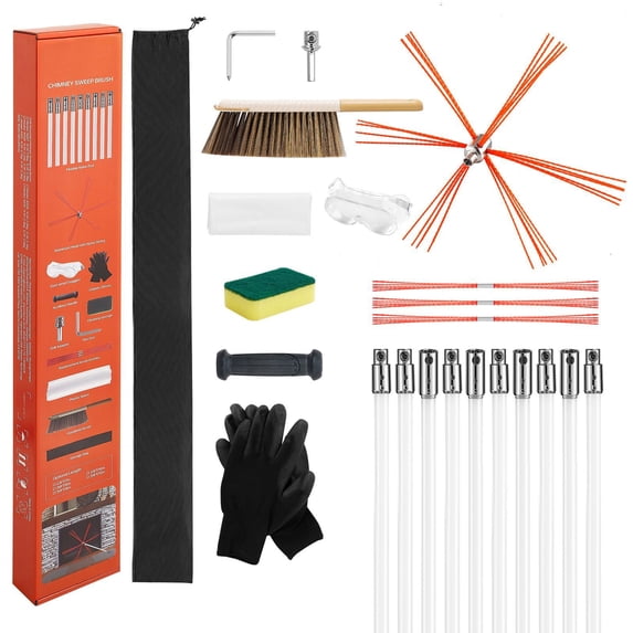 33ft Chimney Sweep Kit Flexible Nylon Rod Fireplace Cleaning Brush Set with Bendable 90° Reach, Aluminum Alloy Head, Bristle Replacements & Goggles for Square Rectangle Chimneys Indoor Outdoor Use