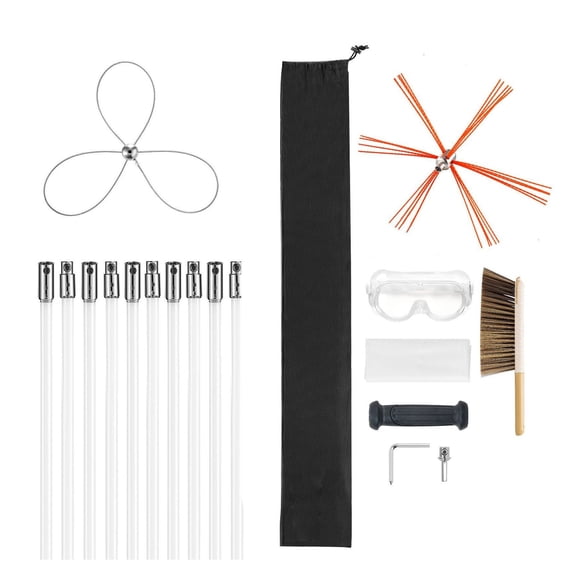 Chimney Sweep Kit 33ft Extendable Brush - Fireplace Cleaner with Dual Heads & Goggles - for Square, Round, Arch Chimneys - Creosote Remover Tool