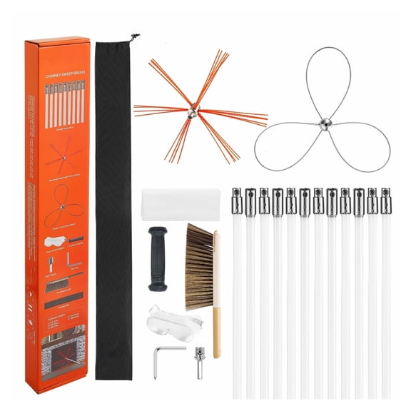 Chimney Sweep Kit 39ft - Fireplace Brush Cleaner with Dual Heads & Replacements for Square & Round Flues - Chimney Cleaning Tools