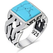 CHIMODA Sterling Silver Rings for Men with Turquoise Stone, Handmade Mens Jewelry Ring, Cuban link Chain Motif Men's Rings, Rings Silver (43Tur10)