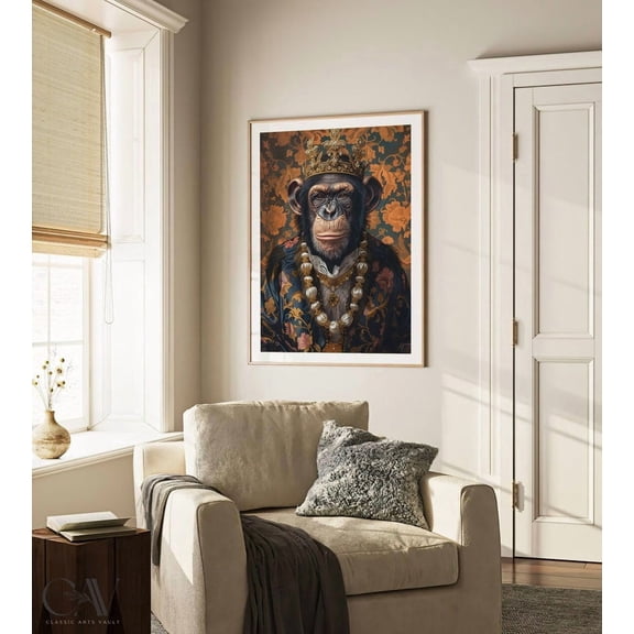 Chimp Monkey Royal Renaissance Portrait Vintage Print Victorian Animal Portrait Decor Poster Altered Painting Large Wall Art Size 24x36 Unframed Poster