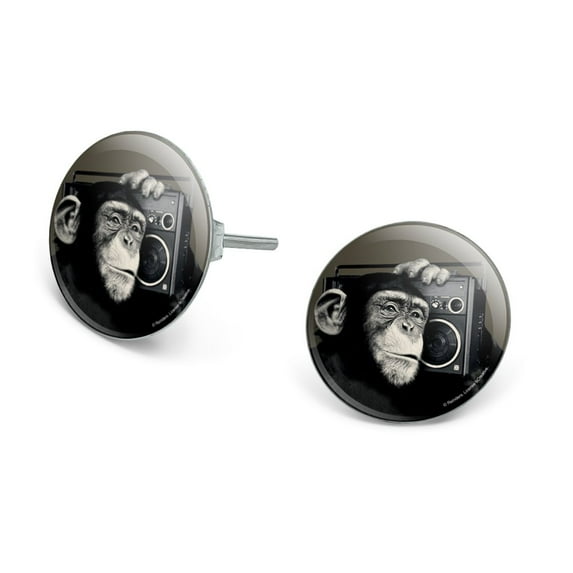 Chimp Monkey With Boombox Radio Novelty Silver Plated Stud Earrings