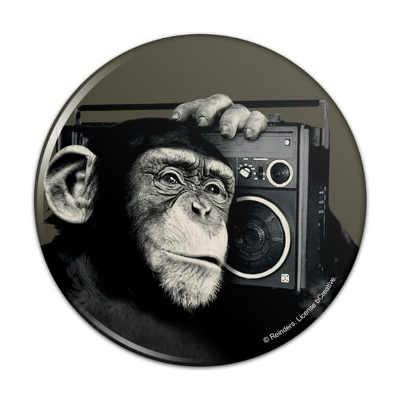 Chimp Monkey With Boombox Radio Pinback Button Pin