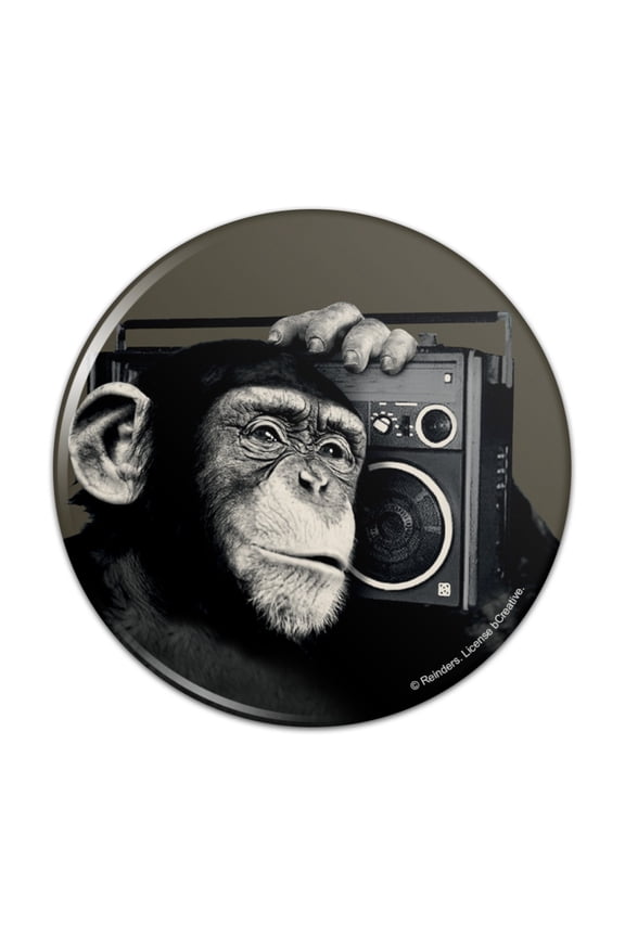 Chimp Monkey With Boombox Radio Pinback Button Pin