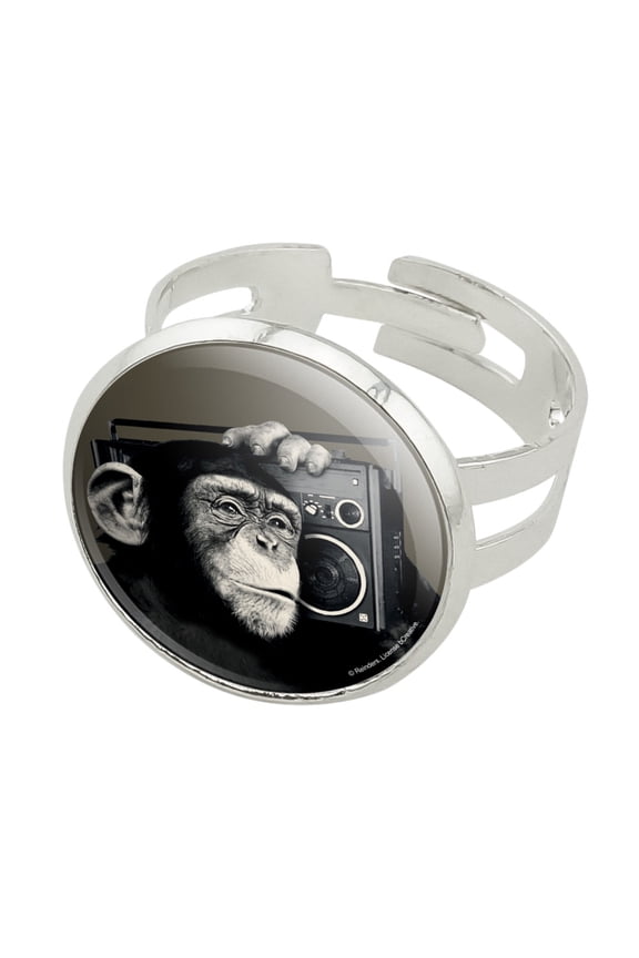 Chimp Monkey With Boombox Radio Silver Plated Adjustable Novelty Ring