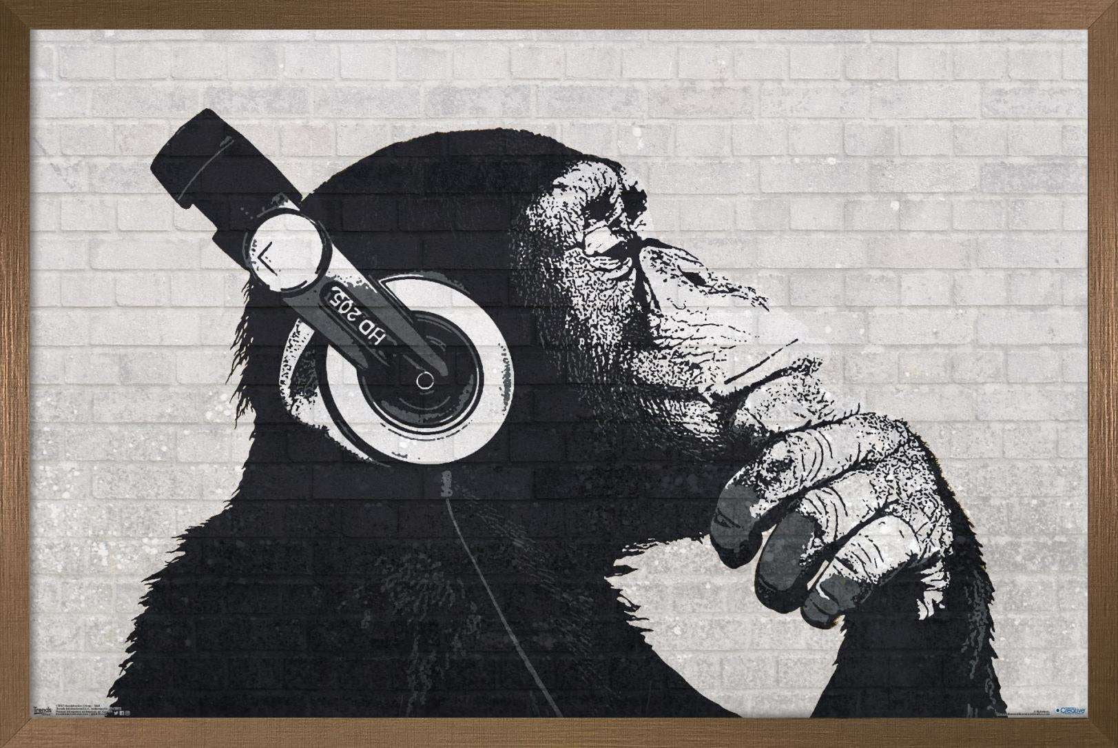 Chimp with Headphones on Wall Wall Poster, 14.725" x 22.375", Framed