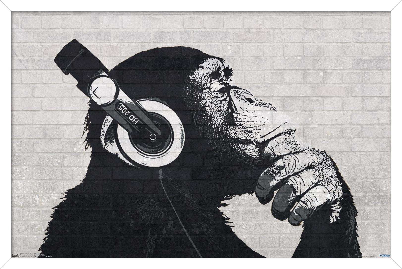 Chimp with Headphones on Wall Wall Poster, 14.725" x 22.375", Framed