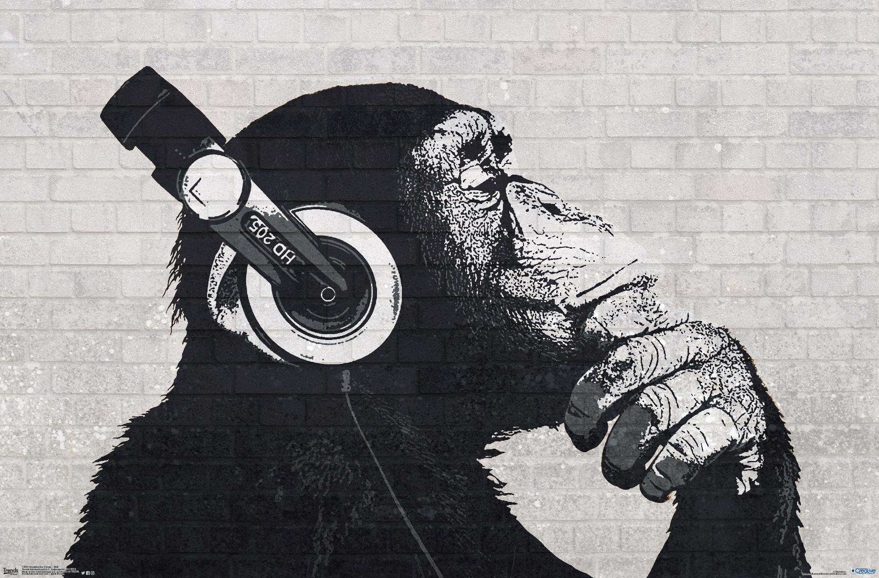 Chimp with Headphones on Wall Wall Poster, 14.725" x 22.375"