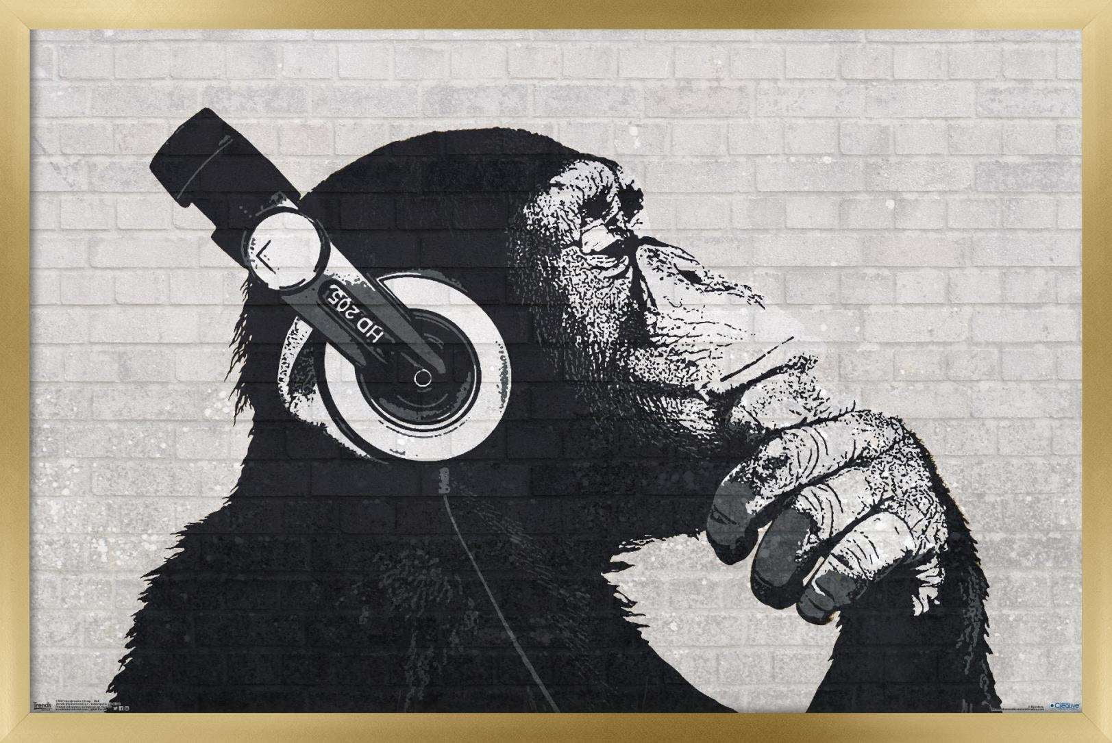 Chimp with Headphones on Wall Wall Poster, 22.375" x 34", Framed
