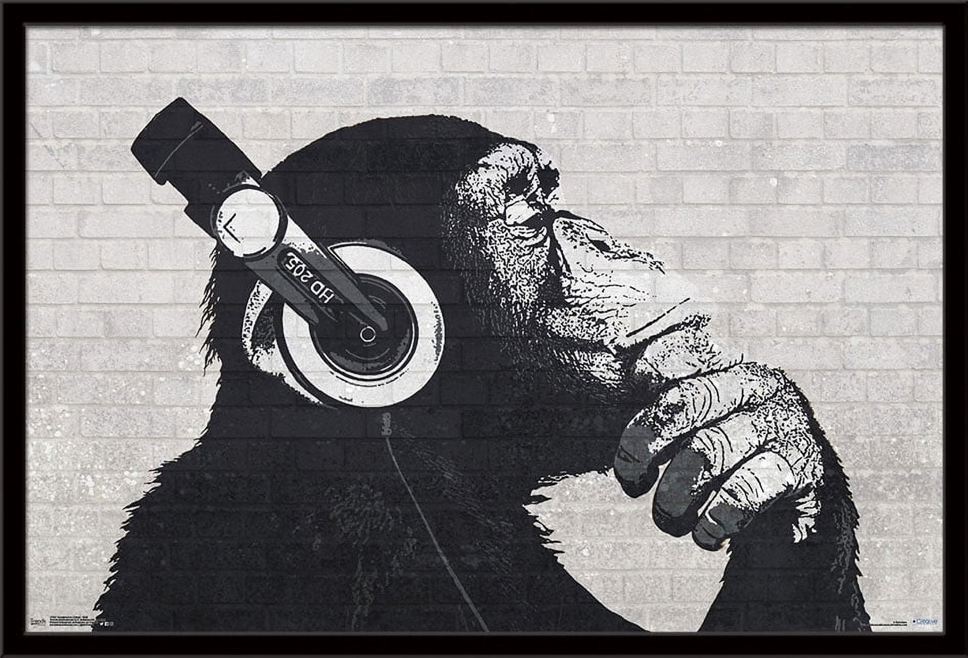 Chimp with Headphones on Wall Wall Poster, 22.375" x 34", Framed