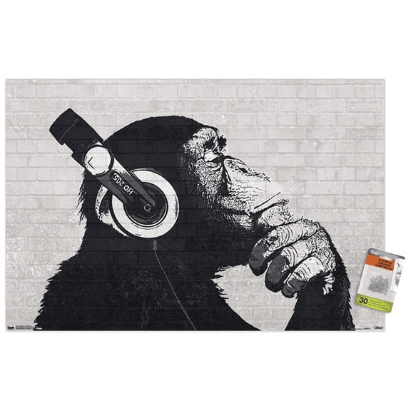 Chimp with Headphones on Wall Wall Poster with Push Pins, 22.375" x 34"