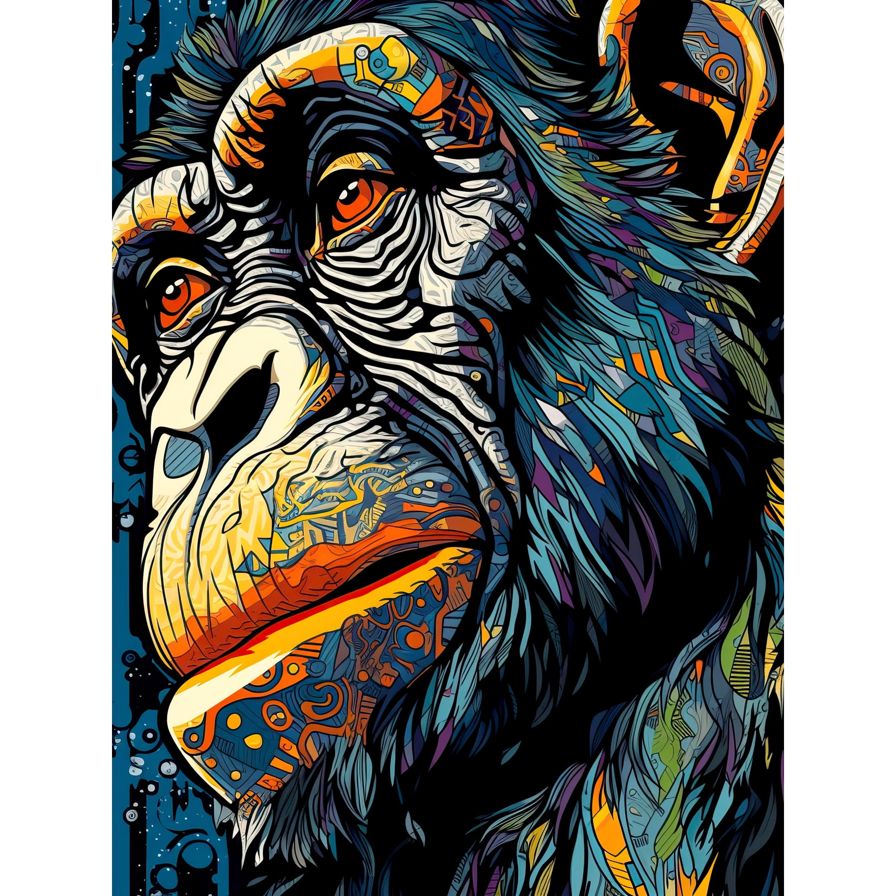 Chimpanzee Acrylic Painting Vibrant Blue Orange Green Pattern