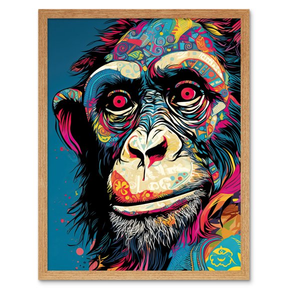 Chimpanzee Acrylic Painting Vibrant Psychedelic Pattern Portrait Modern Art Print Framed Poster Wall Decor 12x16 inch