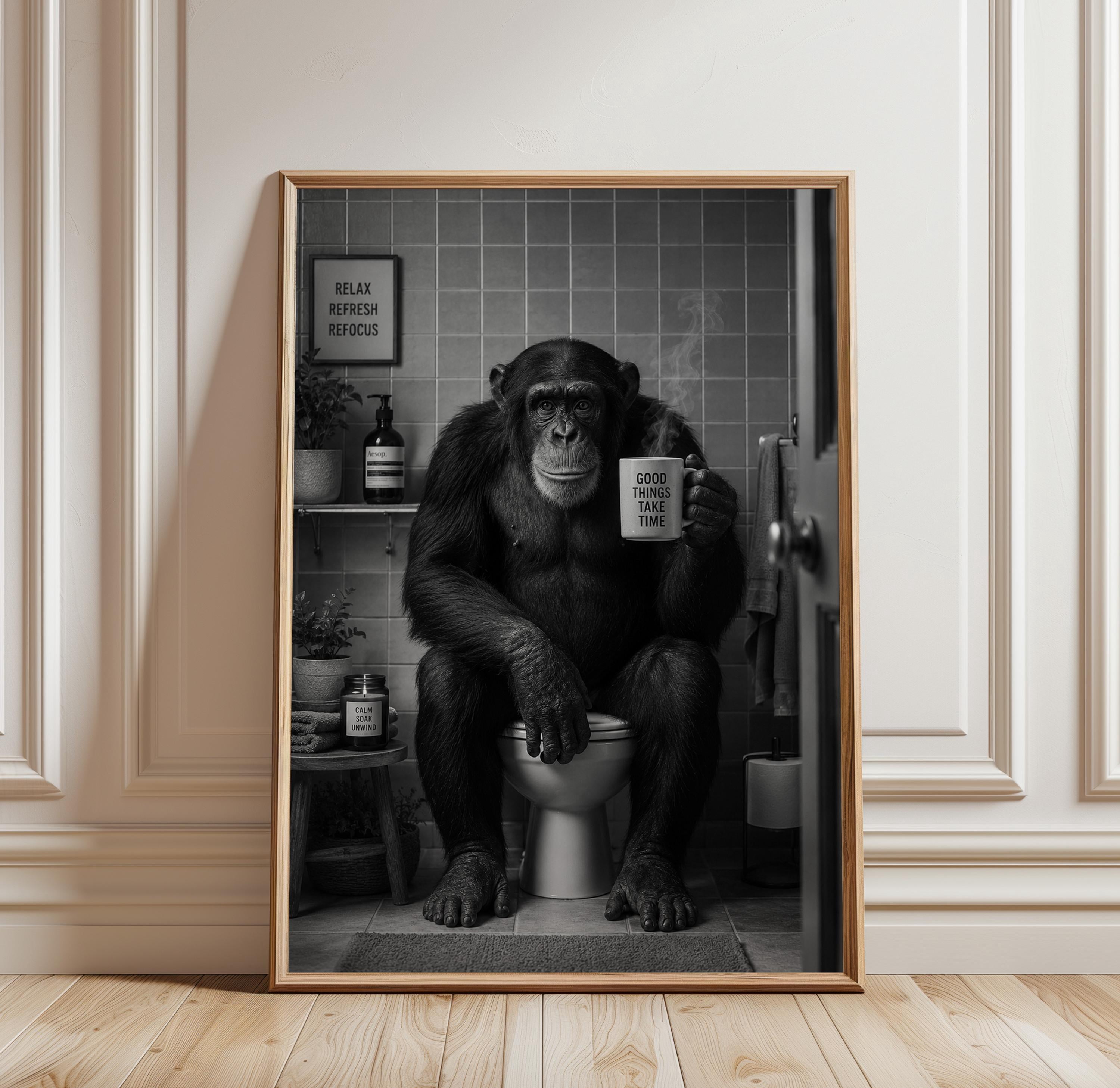 Monkey Wonen Chimpanzee Bathroom Monkey Art And Animal Monkey Art Bathroom Poster ...