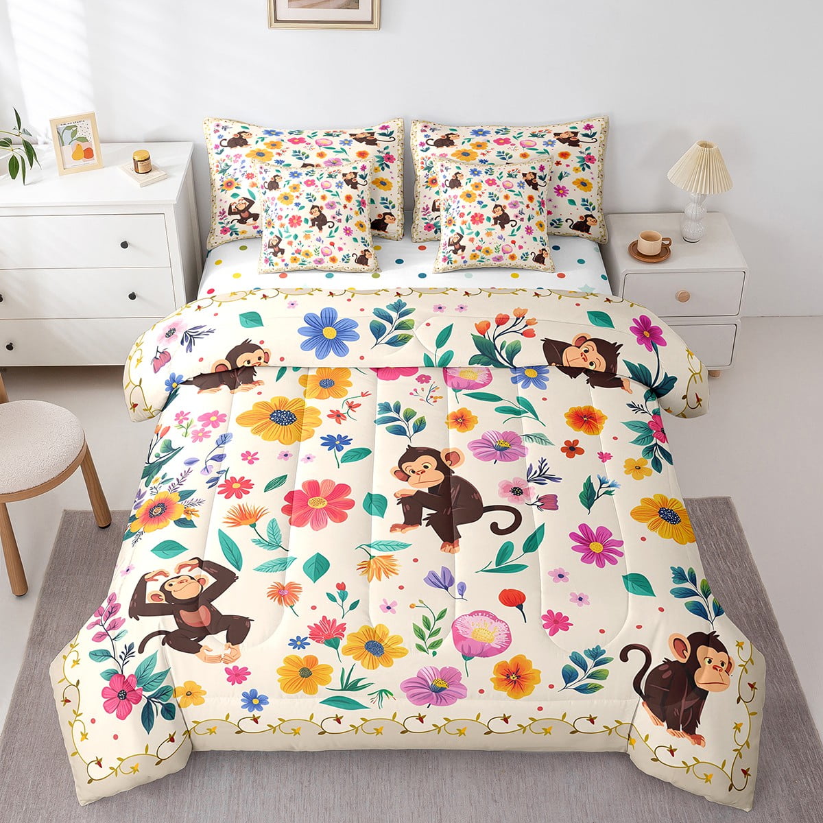 Chimpanzee Bed in a Bag King Size Comforter Set 7 Pieces,Boho Floral