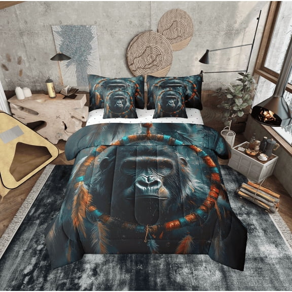 Chimpanzee Bed in a Bag Queen Comforter Set 7 Piece,Dreamcatcher Sheet Set with Comforter,Boho Feather Bedding Sets,Woodland Animals Bed Set Exotic Bohemian Decor
