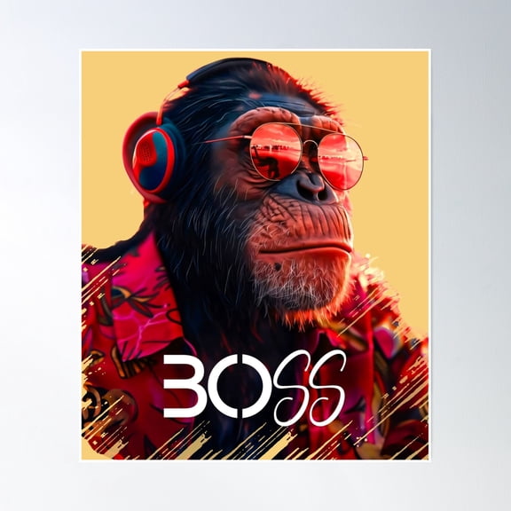 Chimpanzee Boss Enjoying His Vacation Wearing Sunglasses And A Headset. Poster Wall Art, Modern Wall Decor, 24x36 UNFRAMED