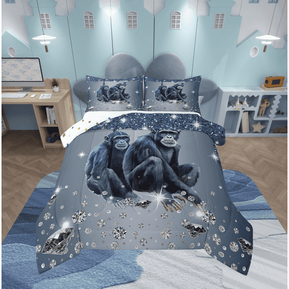 Chimpanzee Comforter Set Grey Sequin Fluid Art Twin Bedding Sets,Crystal Diamond Bed Set Animal Duvet Insert,Jungle Wildlife Room Decor